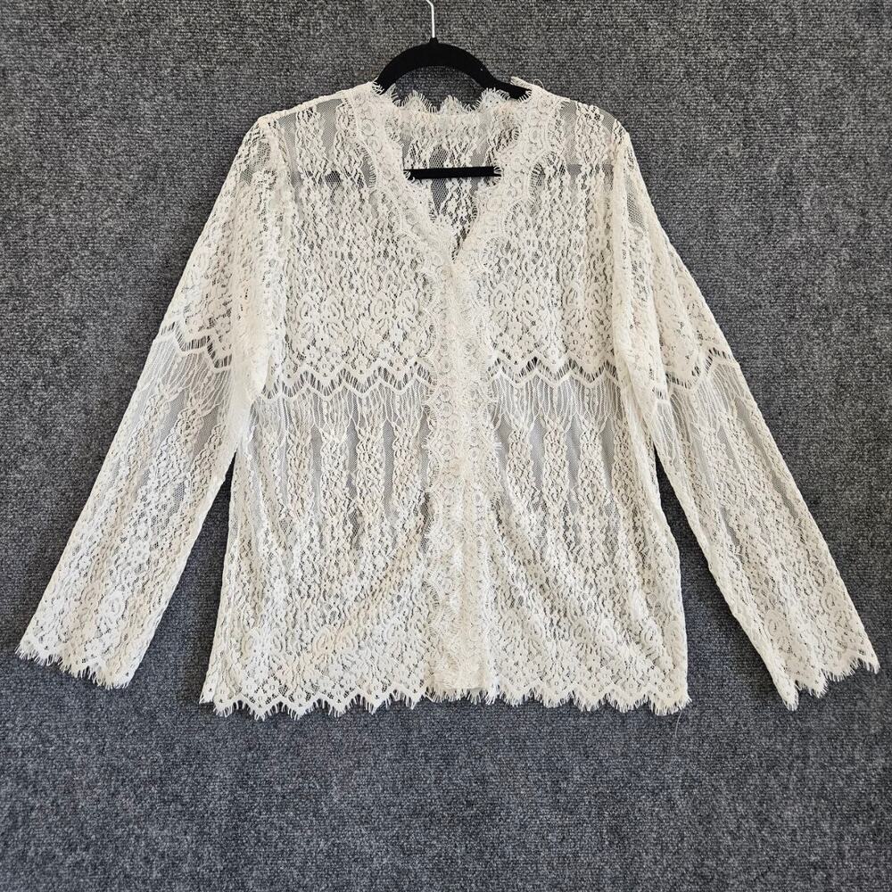 Ivory Lace Cardigan Button Front Sheer Crochet Long Sleeve Top